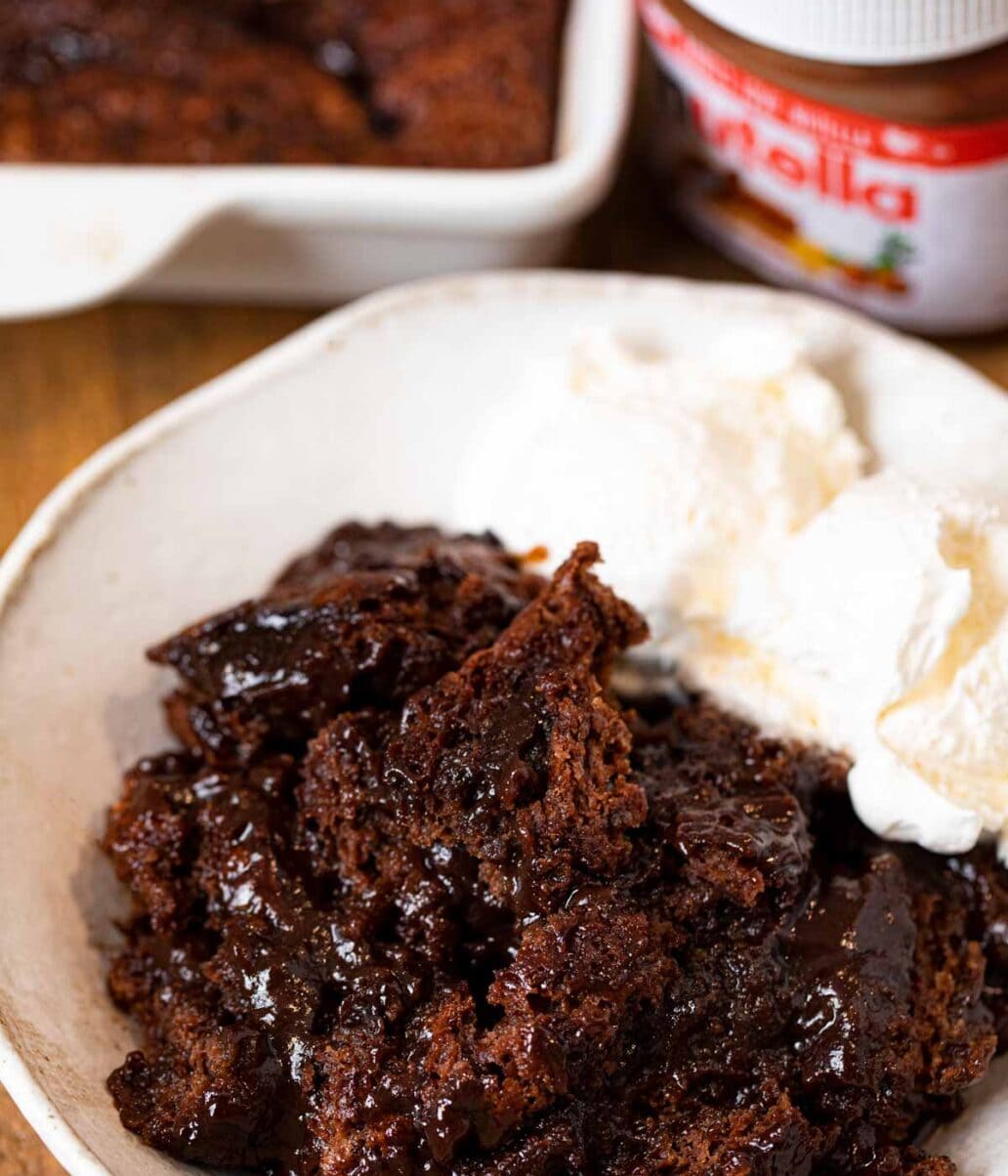 Nutella Cobbler in bowl with ice cream